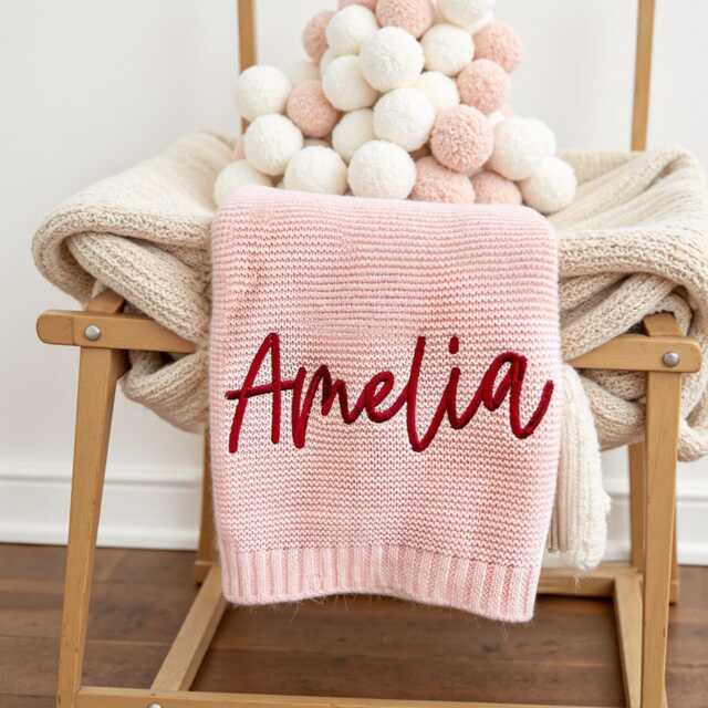 Personalized Embroidered Baby Knit Blanket, Monogrammed Newborn Gift, Name Shower Nursery Girl Blanket - image 1