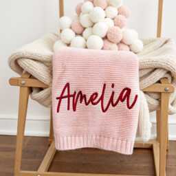 Personalized Embroidered Baby Knit Blanket, Monogrammed Newborn Gift, Name Shower Nursery Girl Blanket - thumbnail 1