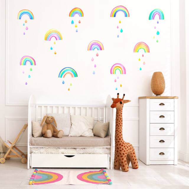Rainbows & Raindrops - Fabric Wall Decals Watercolour Stickers Kids Room Decor - image 1