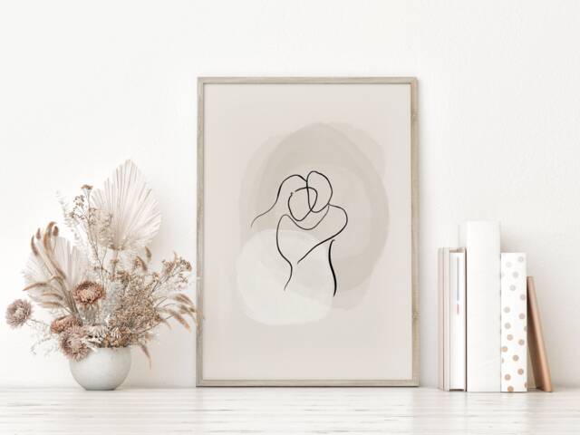 Couple Line Art, Hug Cuddle Abstract Art Wall Print, Home Decor Valentines, Modern Prints, Minimal Scandinavian Print - image 1