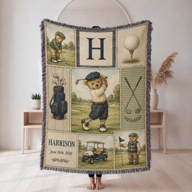 Personalized Golf Baby Woven Blanket, Custom Name Bear Nursery Decor, Boy Blanket - image 1