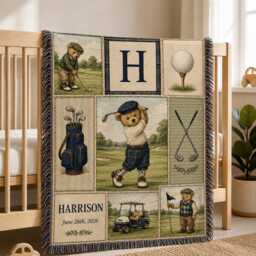 Personalized Golf Baby Woven Blanket, Custom Name Bear Nursery Decor, Boy Blanket - thumbnail 2