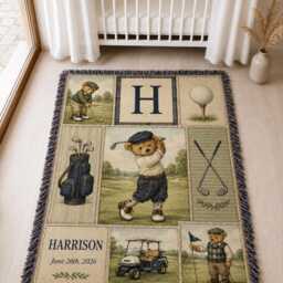 Personalized Golf Baby Woven Blanket, Custom Name Bear Nursery Decor, Boy Blanket - thumbnail 3