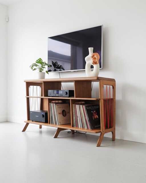Mid-Century Modern Record Cabinet, Handmade Vinyl Storage Unit, Retro Media Turntable Stand - image 1