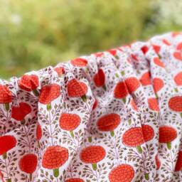 Hand Block Printed Floral Valance, Orange & Green Cotton Cafe Curtains - thumbnail 2