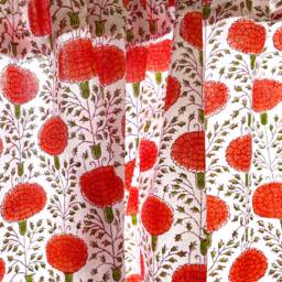 Hand Block Printed Floral Valance, Orange & Green Cotton Cafe Curtains - thumbnail 3