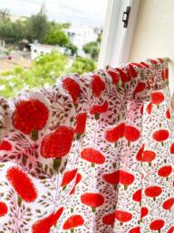 Hand Block Printed Floral Valance, Orange & Green Cotton Cafe Curtains