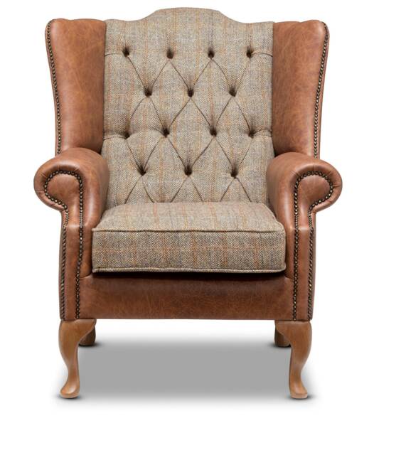 Chesterfield High Back Wing Chair in Vintage Brown Leather & Harris Tweed Wool - image 1