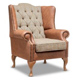 Chesterfield High Back Wing Chair in Vintage Brown Leather & Harris Tweed Wool - thumbnail 2