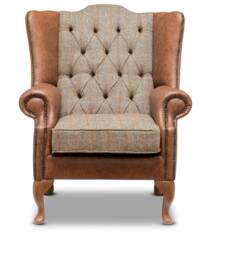 Chesterfield High Back Wing Chair in Vintage Brown Leather & Harris Tweed Wool