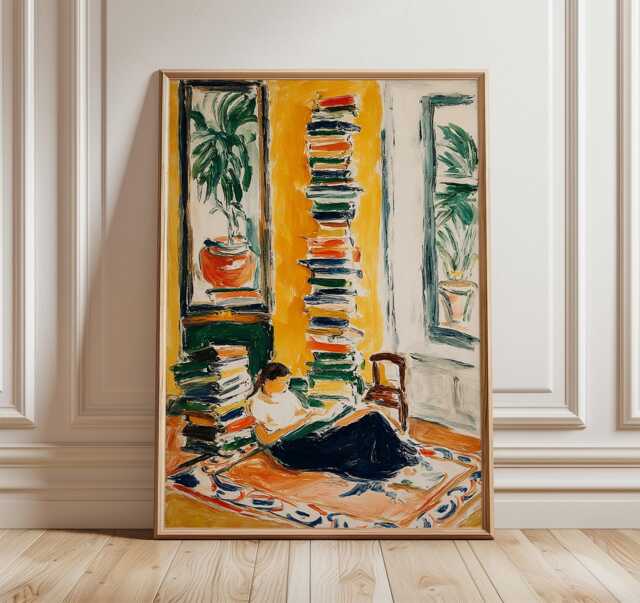 Woman Reading By The Window Poster, Cozy Book Lover Wall Art, Warm Yellow Interior Painting, Modern Impressionist Home Decor - image 1