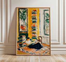 Woman Reading By The Window Poster, Cozy Book Lover Wall Art, Warm Yellow Interior Painting, Modern Impressionist Home Decor - thumbnail 1