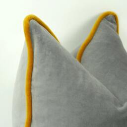 Grey Velvet Pillow With Mustard Piping Detail - Cotton Cushion - thumbnail 2