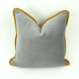 Grey Velvet Pillow With Mustard Piping Detail - Cotton Cushion - thumbnail 3