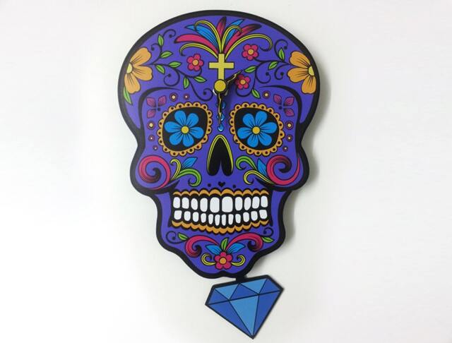 Purple Sugar Skull - Day Of The Dead -Dia De Los Muertos Calavera Pendulum Wall Clock - image 1