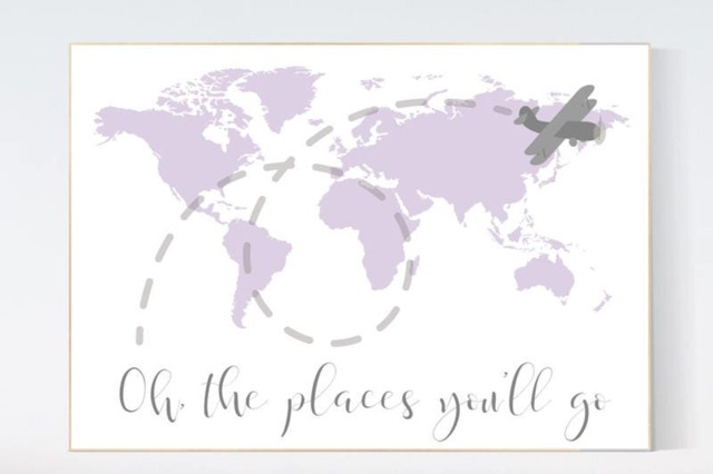Lilac World Map Nursery Decor Travel Theme Art Print - image 1