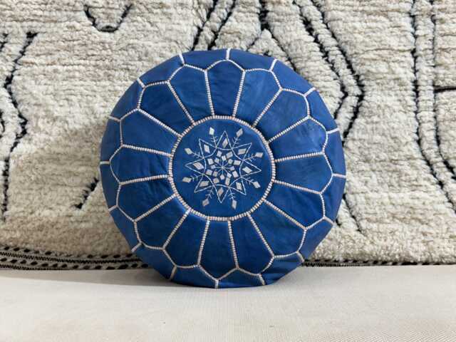 Blue Moroccan Leather Pouf Ottoman, Berber Decor - Unstuffed - image 1