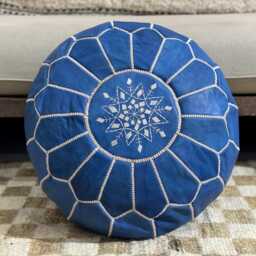 Blue Moroccan Leather Pouf Ottoman, Berber Decor - Unstuffed - thumbnail 2