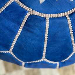 Blue Moroccan Leather Pouf Ottoman, Berber Decor - Unstuffed - thumbnail 4