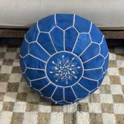 Blue Moroccan Leather Pouf Ottoman, Berber Decor - Unstuffed - thumbnail 3