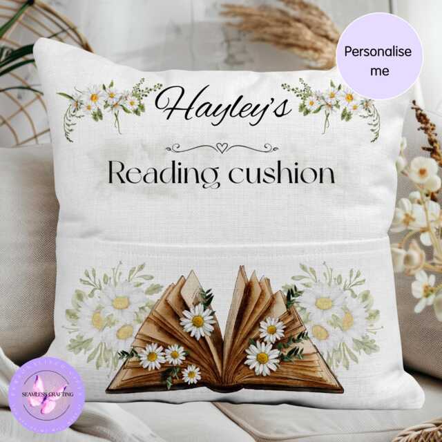 Personalised Pocket Reading Book Cushion, Sunflower Book Design Gift, Booklover Pillow Bedroom Decor, Unique Cushion Gift, Housewarming Gift - image 1
