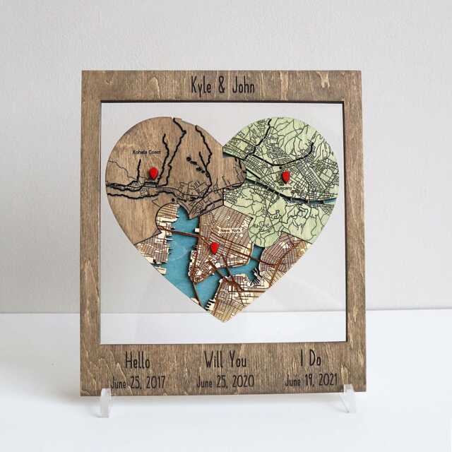 Engraved Heart Map, Wedding Gift For Couple, Met Engaged Married Puzzle Wood Art - image 1