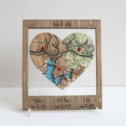 Engraved Heart Map, Wedding Gift For Couple, Met Engaged Married Puzzle Wood Art