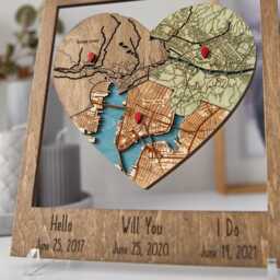 Engraved Heart Map, Wedding Gift For Couple, Met Engaged Married Puzzle Wood Art - thumbnail 3