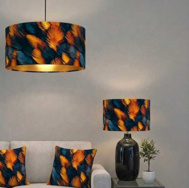 Handmade By Order Luxury Copper Brown Feathers Pattern On Velvet Drum Lamp Shade Pendant Light All Shapes & Sizes Available - image 1