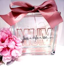 Personalised Mum Glass Block Light, Rose Gold Ribbon, Custom Names Home Decor