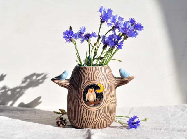 Brown Ceramic Vase With Owl & Birds, Home Decor Stoneware Modern Vase, Ikebana Vases, Small Pottery Tree Housewarming Gift Idea, Blue Bird - image 1