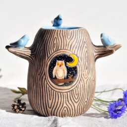 Brown Ceramic Vase With Owl & Birds, Home Decor Stoneware Modern Vase, Ikebana Vases, Small Pottery Tree Housewarming Gift Idea, Blue Bird - thumbnail 2