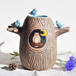 Brown Ceramic Vase With Owl & Birds, Home Decor Stoneware Modern Vase, Ikebana Vases, Small Pottery Tree Housewarming Gift Idea, Blue Bird - thumbnail 3