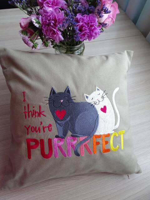 Beige Decorative Pillowcase With Embroidery Cats & Hearts, The Inscription. A Gift For Her Him On Valentine's Day - image 1