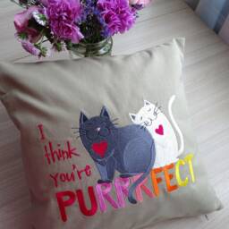 Beige Decorative Pillowcase With Embroidery Cats & Hearts, The Inscription. A Gift For Her Him On Valentine's Day - thumbnail 2