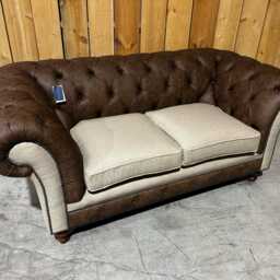 2 Seater Rum Brown Leather Chesterfield Sofa With Neutral Biscuit Herringbone Wool, British Handmade - thumbnail 4