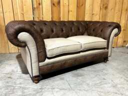 2 Seater Rum Brown Leather Chesterfield Sofa With Neutral Biscuit Herringbone Wool, British Handmade - thumbnail 1
