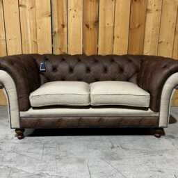 2 Seater Rum Brown Leather Chesterfield Sofa With Neutral Biscuit Herringbone Wool, British Handmade - thumbnail 2