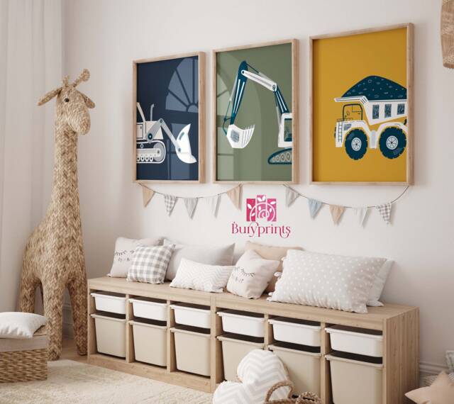 Construction Truck Prints Boy Room Decor, Set Of 3 Unframed - image 1