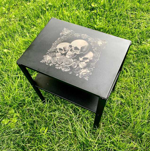 Black Metal Skull Engraved Table Deluxe Skull & Rose Collection Coffee Side, End Bedside Shelf Etched Personalised Tattoo Goth Rock Art - image 1