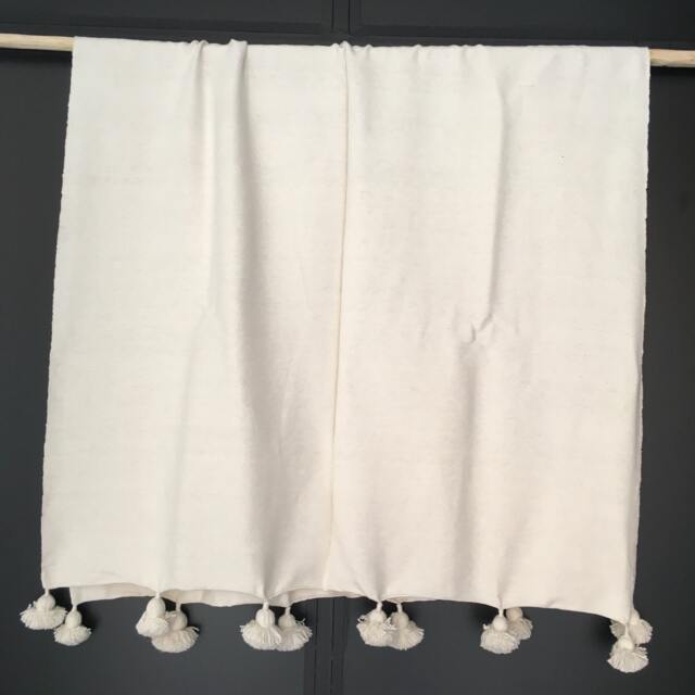 Ecru/Off White Moroccan Pom Throw Blanket With Tassels - Duvet Cover Made From Hand Woven Cotton Couch Bed End - image 1