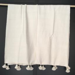 Ecru/Off White Moroccan Pom Throw Blanket With Tassels - Duvet Cover Made From Hand Woven Cotton Couch Bed End - thumbnail 1