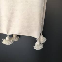 Ecru/Off White Moroccan Pom Throw Blanket With Tassels - Duvet Cover Made From Hand Woven Cotton Couch Bed End - thumbnail 2