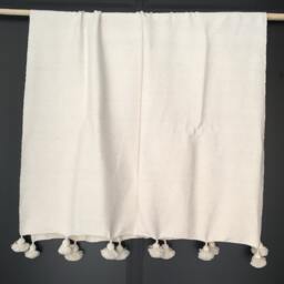 Ecru/Off White Moroccan Pom Throw Blanket With Tassels - Duvet Cover Made From Hand Woven Cotton Couch Bed End - thumbnail 3