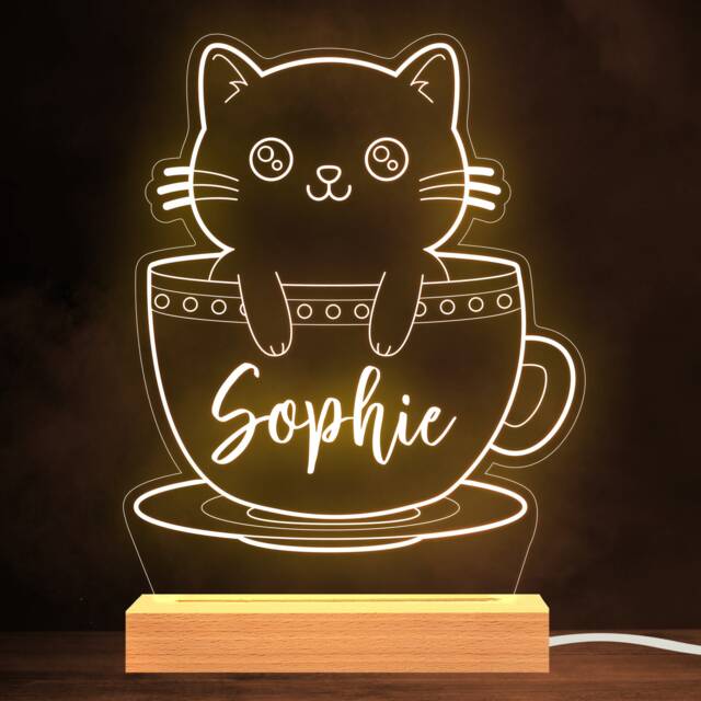 Cat Teacup Cute Lover Name Kitten Personalised Gift Lamp Night Light - image 1