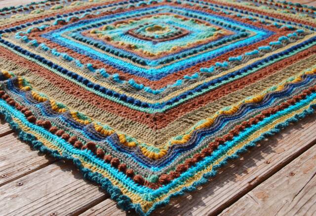 Intricate Textured Blanket, Square Crochet Couch Throw Afghan, Nestariel Baby Boy Contrasting Mandala Fiber Arts - image 1
