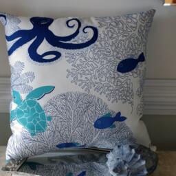 Ocean Song Throw Pillow - Octopus, Sea Turtles, Fish & Fans - thumbnail 2