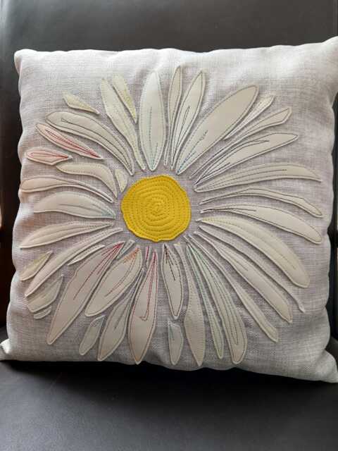 Cushion With Real Leather Appliqu??d Flower in Cream Different Coloured Sewing Thread On Grey Linen Effect Fabric - image 1