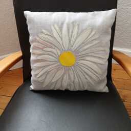 Cushion With Real Leather Appliqu??d Flower in Cream Different Coloured Sewing Thread On Grey Linen Effect Fabric - thumbnail 2