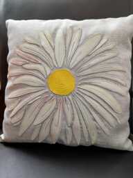 Cushion With Real Leather Appliqu??d Flower in Cream Different Coloured Sewing Thread On Grey Linen Effect Fabric